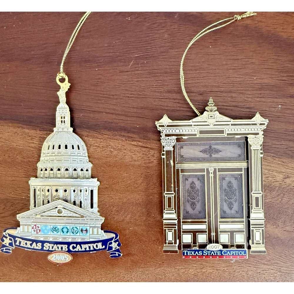 Texas State Capitol Metal Christmas Ornaments 2005 2007 Gift Shop Lot of 2 F/W